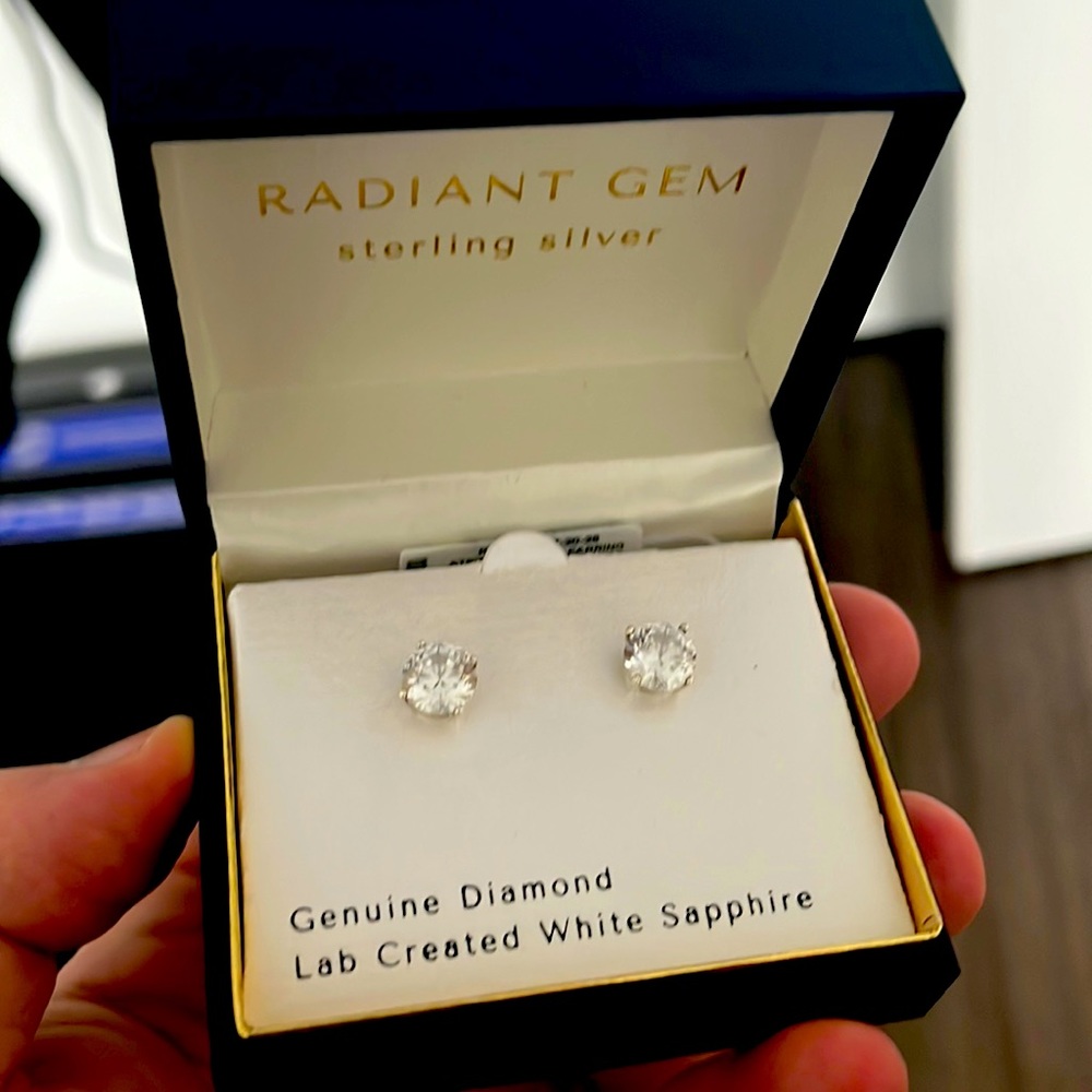 Mens earrings diamond- lab created white sapphire on sterling silver.